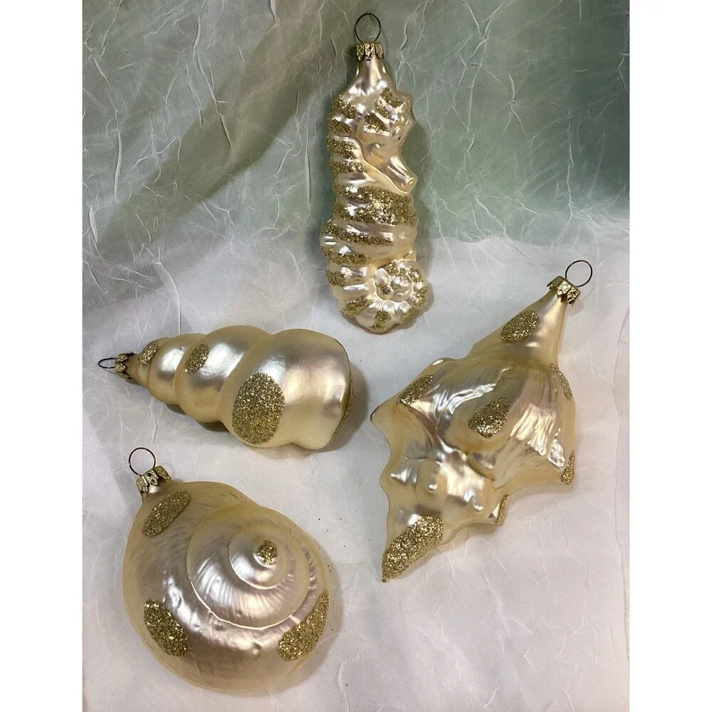 Neiman Marcus Hand Blown Glass Seashell & Seahorse Ornament Set Of Four Vintage